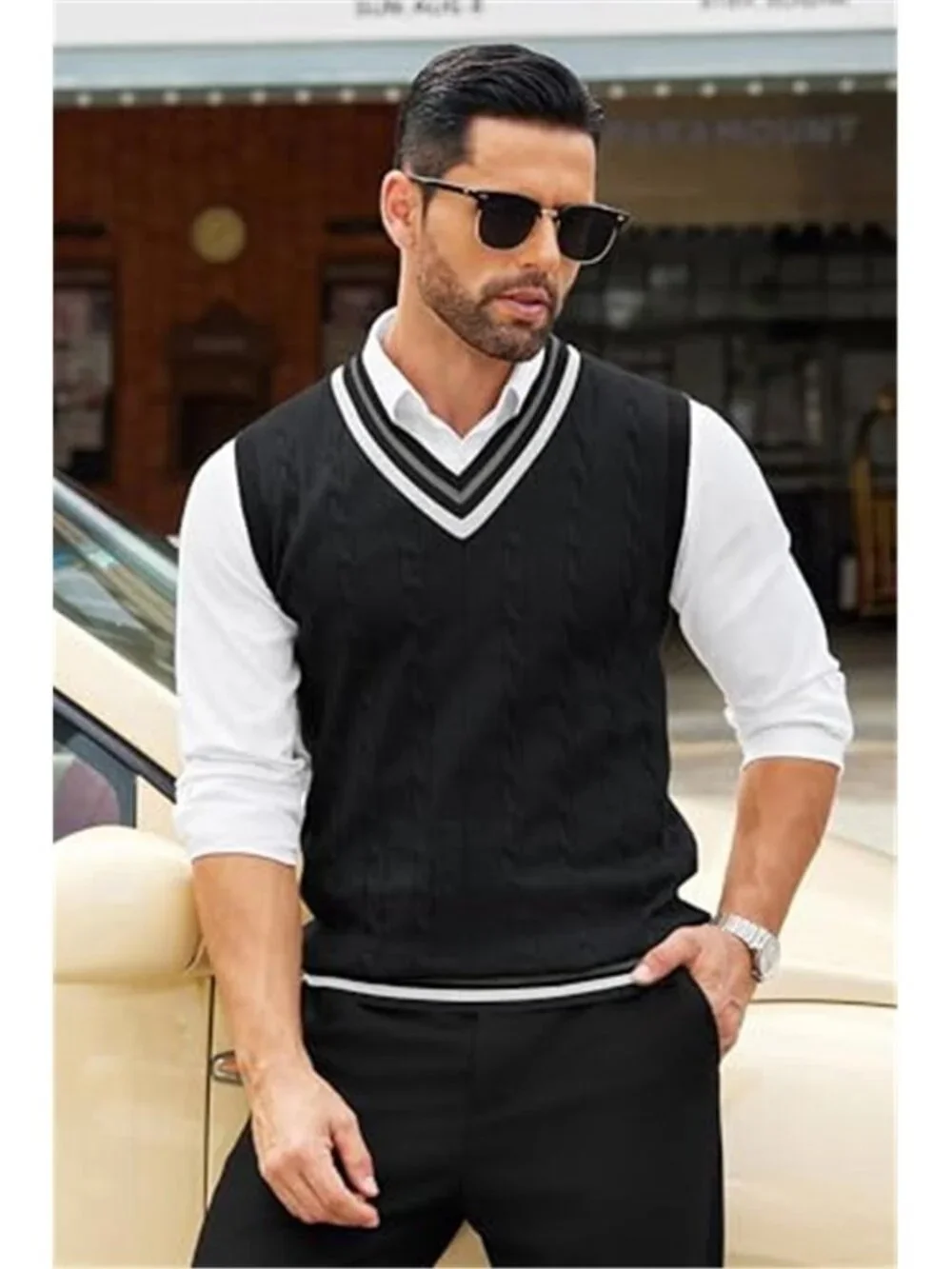 Men's Sweater Vest V Neck Casual Sleeveless Knit Pullover Sweater